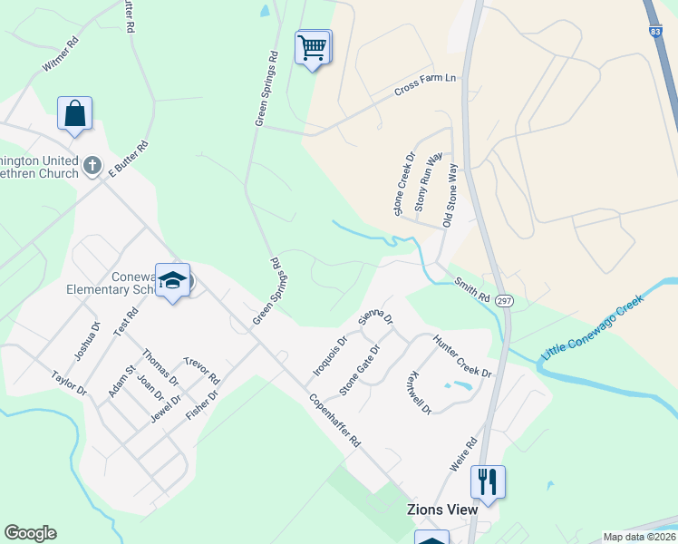 map of restaurants, bars, coffee shops, grocery stores, and more near 130 Smith Road in York