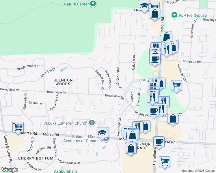 map of restaurants, bars, coffee shops, grocery stores, and more near 4157 Eagle Head Drive in Columbus