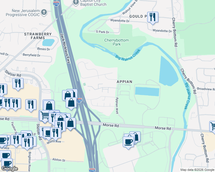 map of restaurants, bars, coffee shops, grocery stores, and more near 4289 Camden Passage Drive in Columbus