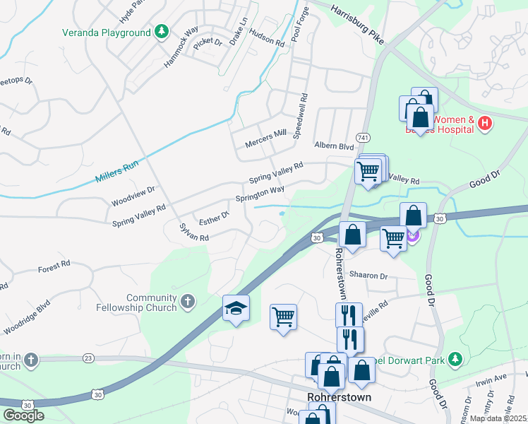 map of restaurants, bars, coffee shops, grocery stores, and more near 2301 Spring Valley Road in Lancaster