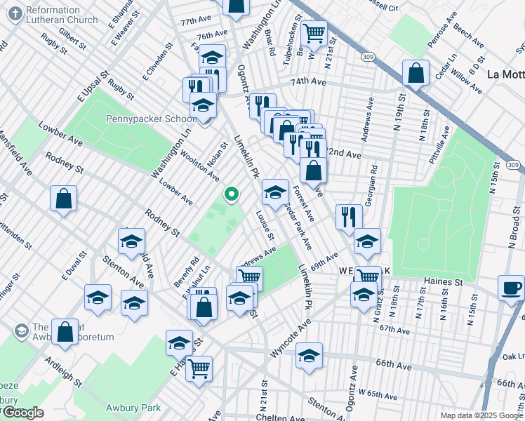 map of restaurants, bars, coffee shops, grocery stores, and more near 7125 Louise Street in Philadelphia