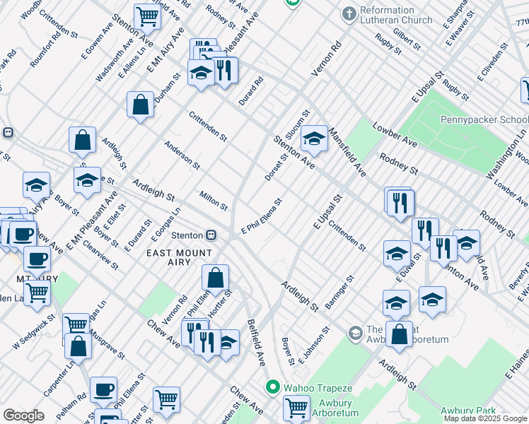 map of restaurants, bars, coffee shops, grocery stores, and more near 6703 Anderson Street in Philadelphia