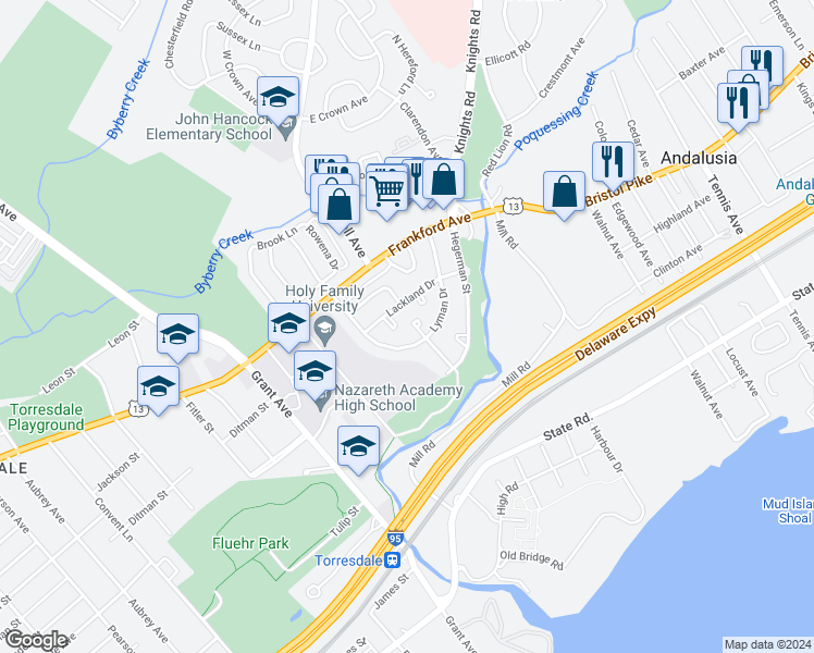 map of restaurants, bars, coffee shops, grocery stores, and more near 4206 Saint Denis Drive in Philadelphia