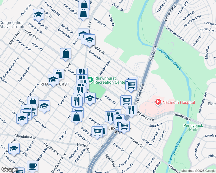 map of restaurants, bars, coffee shops, grocery stores, and more near 2237 Solly Avenue in Philadelphia