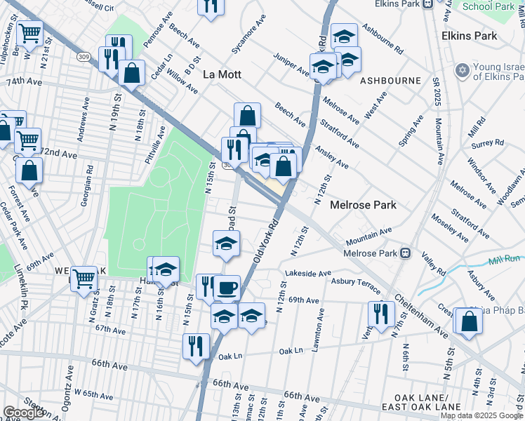 map of restaurants, bars, coffee shops, grocery stores, and more near 1308 72nd Avenue in Philadelphia