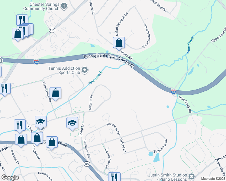 map of restaurants, bars, coffee shops, grocery stores, and more near 222 Autumn Drive in Exton