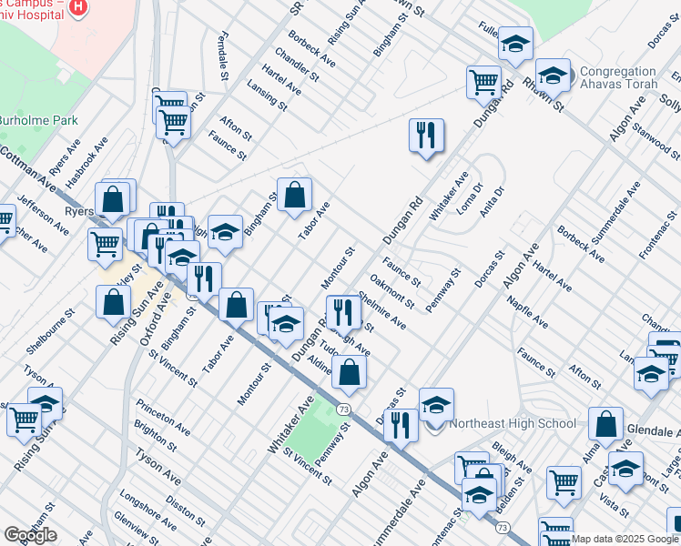 map of restaurants, bars, coffee shops, grocery stores, and more near 1303 Shelmire Avenue in Philadelphia