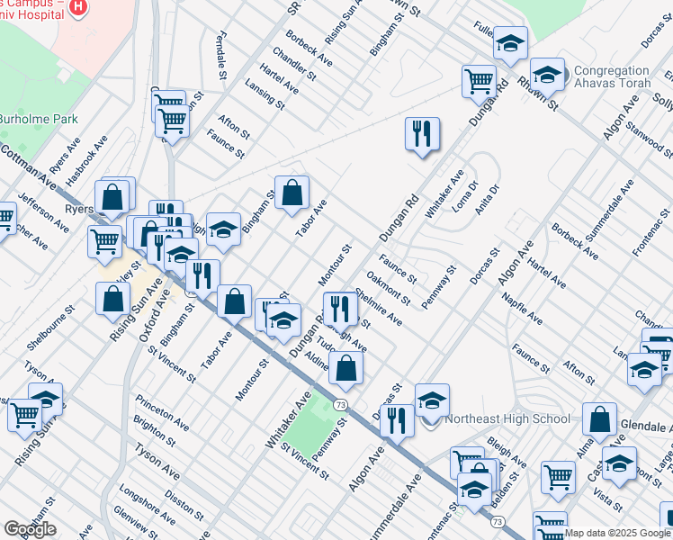 map of restaurants, bars, coffee shops, grocery stores, and more near 1303 Shelmire Avenue in Philadelphia