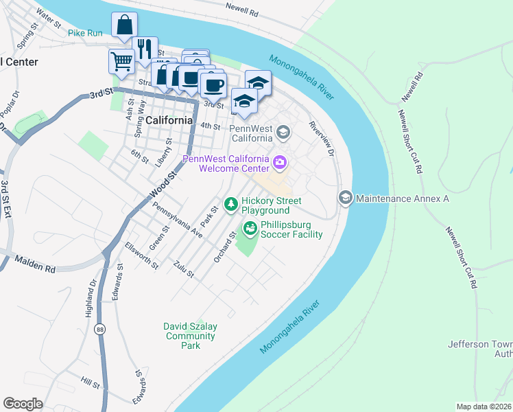 map of restaurants, bars, coffee shops, grocery stores, and more near 633 American Street in California