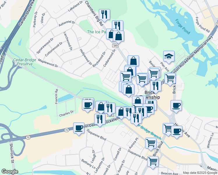 map of restaurants, bars, coffee shops, grocery stores, and more near 204 Discovery Road in Brick Township