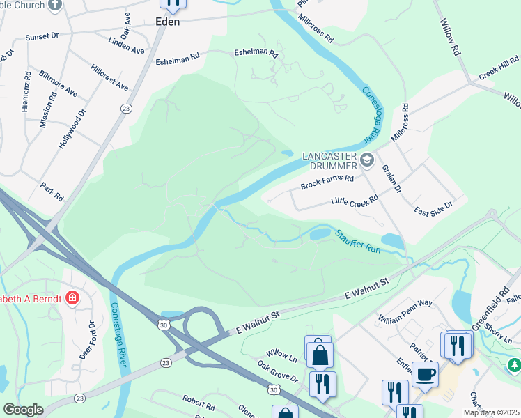 map of restaurants, bars, coffee shops, grocery stores, and more near 250 Brook Farms Road in Lancaster