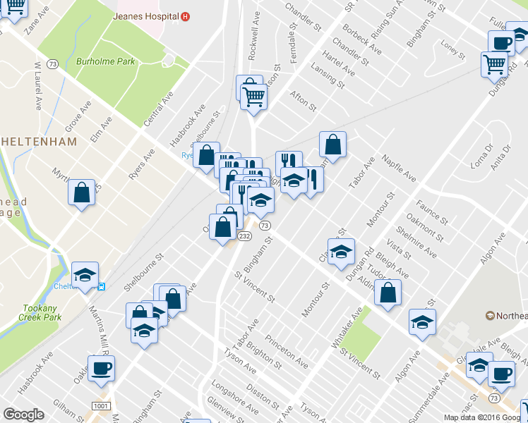 map of restaurants, bars, coffee shops, grocery stores, and more near 7312 Palmetto St in Philadelphia