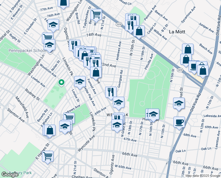 map of restaurants, bars, coffee shops, grocery stores, and more near 7017 Andrews Avenue in Philadelphia