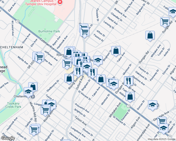 map of restaurants, bars, coffee shops, grocery stores, and more near 7312 Palmetto Street in Philadelphia