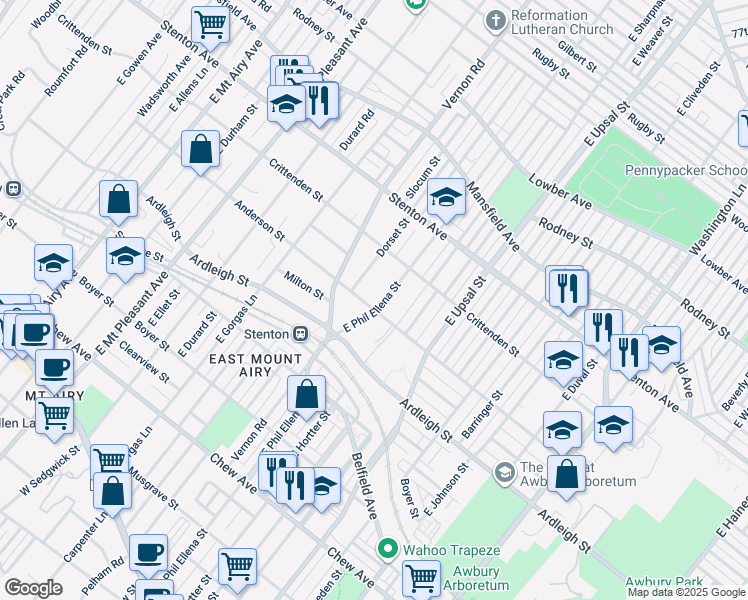 map of restaurants, bars, coffee shops, grocery stores, and more near 6705 Anderson Street in Philadelphia
