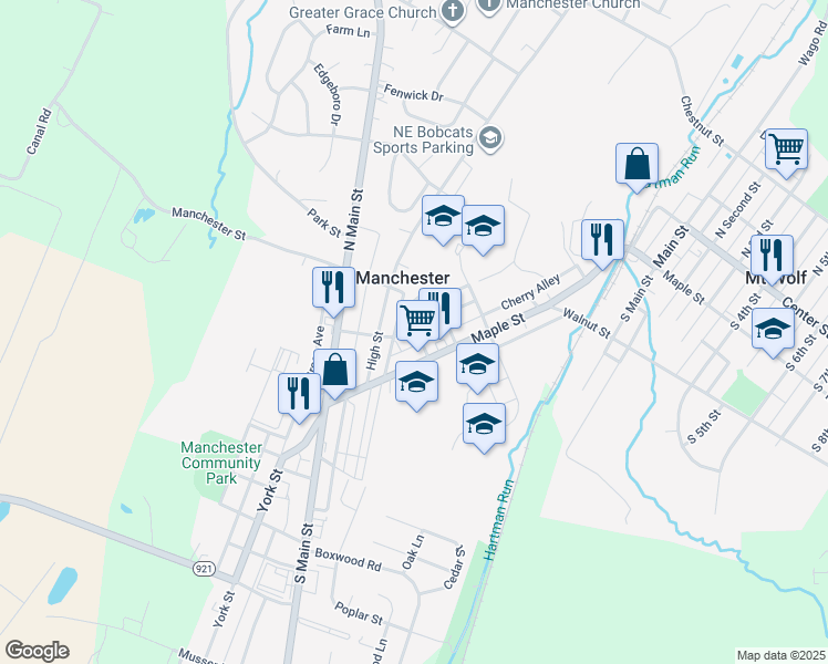 map of restaurants, bars, coffee shops, grocery stores, and more near 213 Cooper Street in Manchester