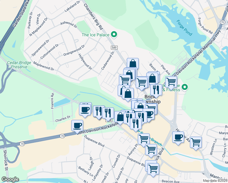 map of restaurants, bars, coffee shops, grocery stores, and more near in Brick Township