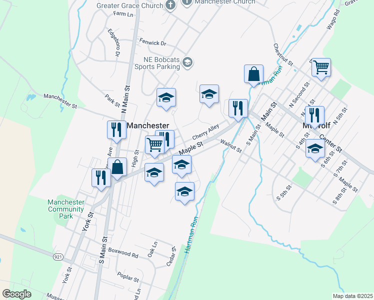 map of restaurants, bars, coffee shops, grocery stores, and more near 101 South Hartman Street in Manchester