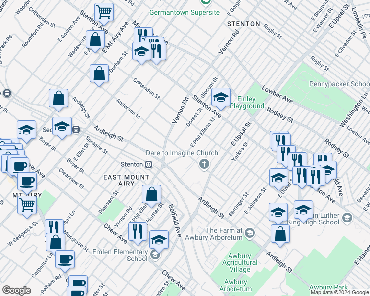 map of restaurants, bars, coffee shops, grocery stores, and more near 6705 Anderson Street in Philadelphia