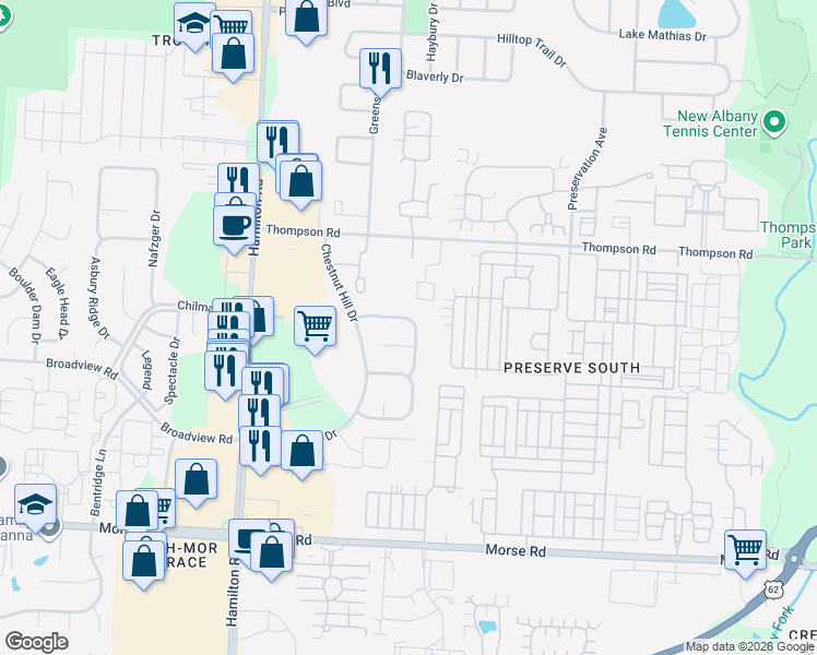 map of restaurants, bars, coffee shops, grocery stores, and more near 4118 Pathfield Drive in Columbus