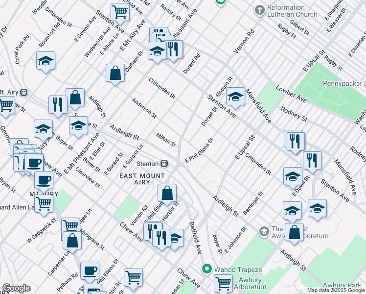 map of restaurants, bars, coffee shops, grocery stores, and more near 614 Vernon Road in Philadelphia