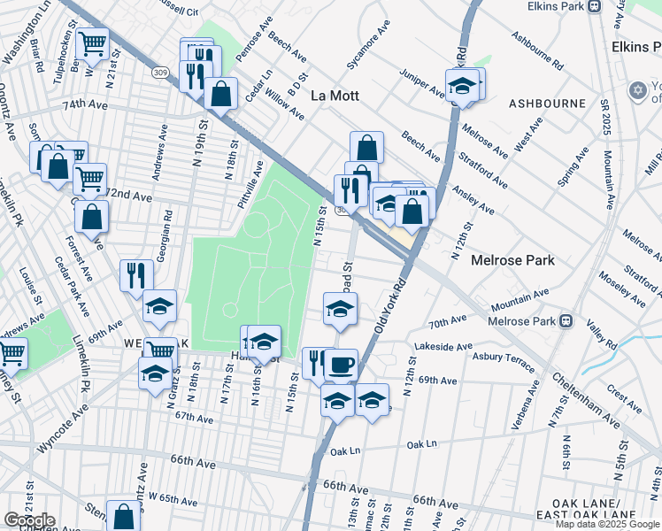 map of restaurants, bars, coffee shops, grocery stores, and more near 1405 71st Avenue in Philadelphia