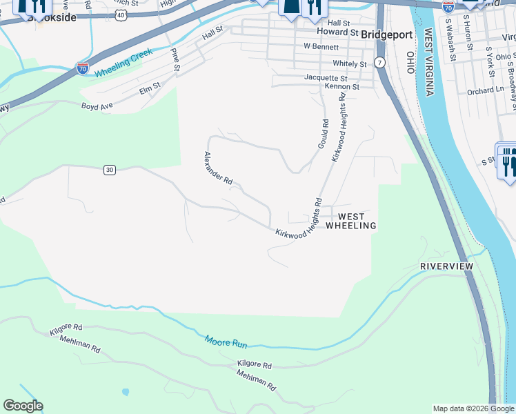 map of restaurants, bars, coffee shops, grocery stores, and more near 67620 Kirkwood Heights Road in Bridgeport