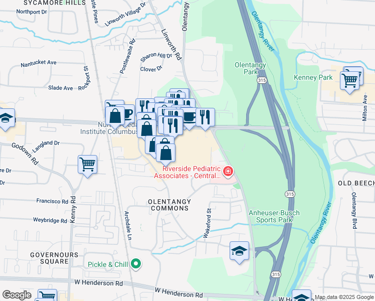 map of restaurants, bars, coffee shops, grocery stores, and more near 5001 Olentangy River Road in Columbus