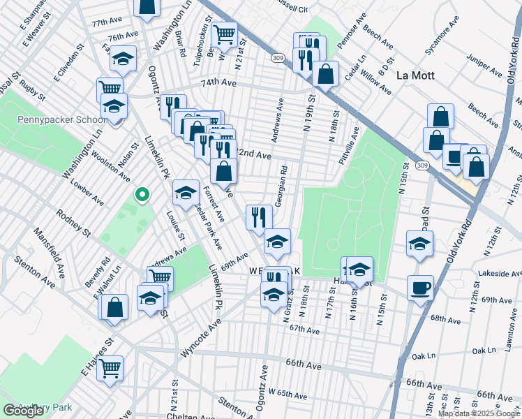 map of restaurants, bars, coffee shops, grocery stores, and more near 7021 Andrews Avenue in Philadelphia