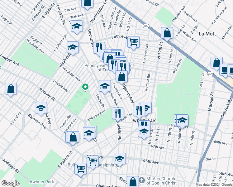 map of restaurants, bars, coffee shops, grocery stores, and more near 7038 Forrest Avenue in Philadelphia