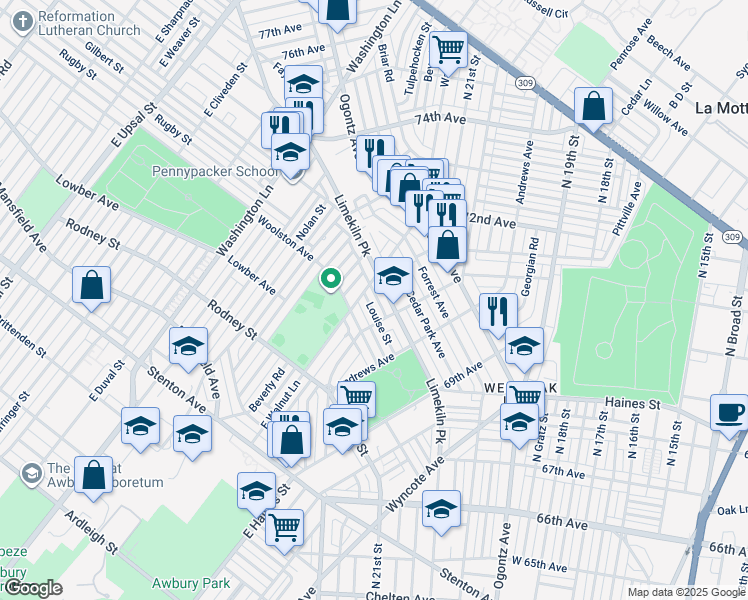 map of restaurants, bars, coffee shops, grocery stores, and more near 7129 Louise Street in Philadelphia