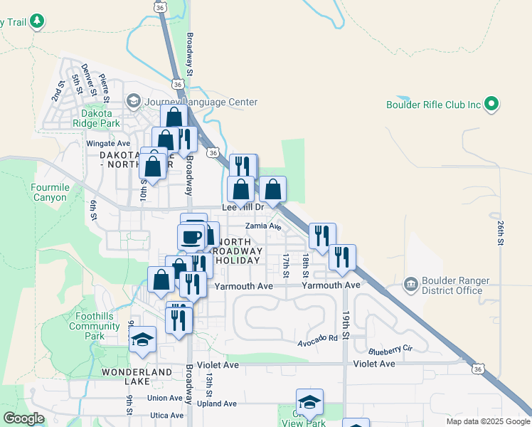 map of restaurants, bars, coffee shops, grocery stores, and more near 1570 Lee Hill Drive in Boulder