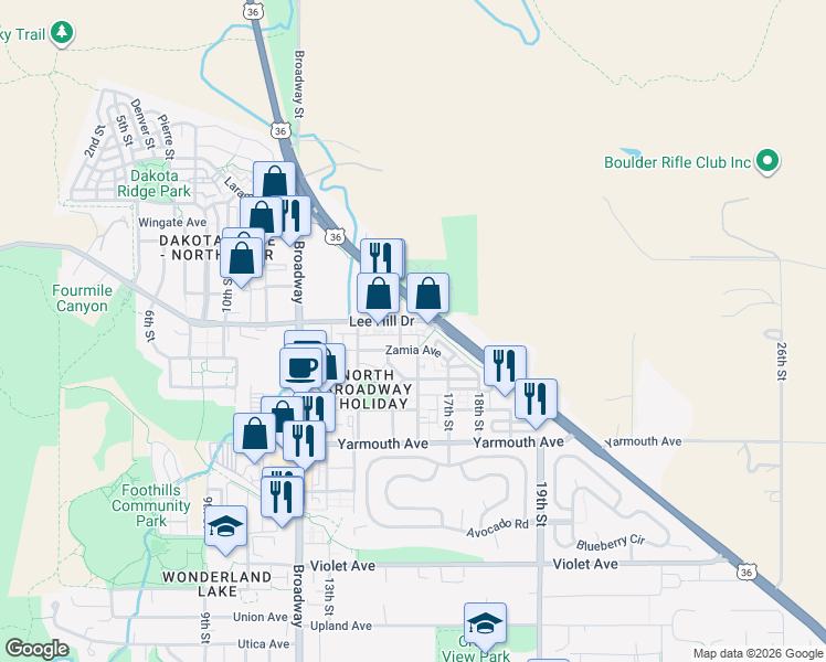 map of restaurants, bars, coffee shops, grocery stores, and more near 1570 Lee Hill Drive in Boulder