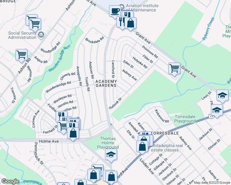 map of restaurants, bars, coffee shops, grocery stores, and more near 9233 Lansford Street in Philadelphia