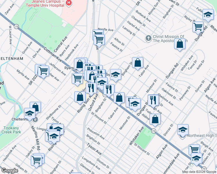 map of restaurants, bars, coffee shops, grocery stores, and more near 7330 Palmetto Street in Philadelphia