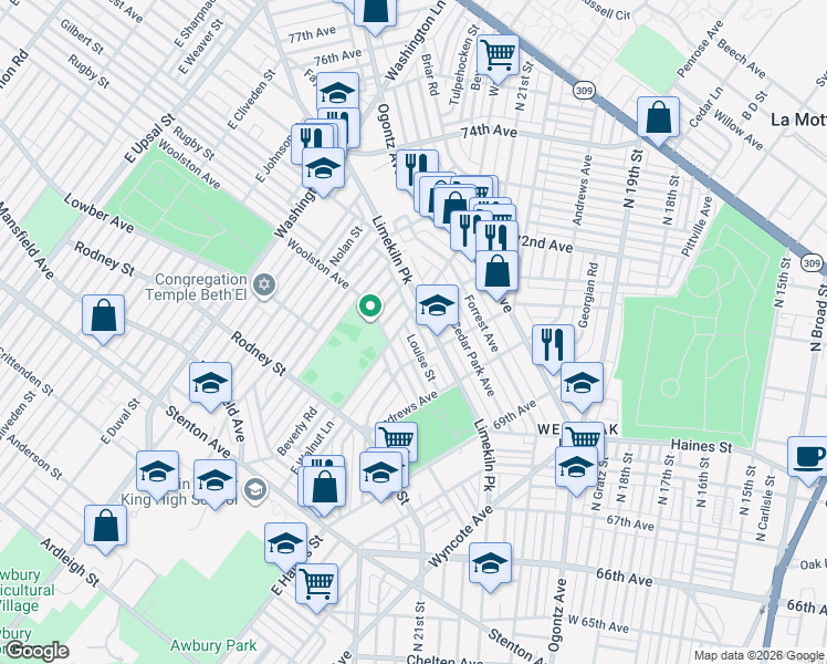 map of restaurants, bars, coffee shops, grocery stores, and more near 2111 East Walnut Lane in Philadelphia