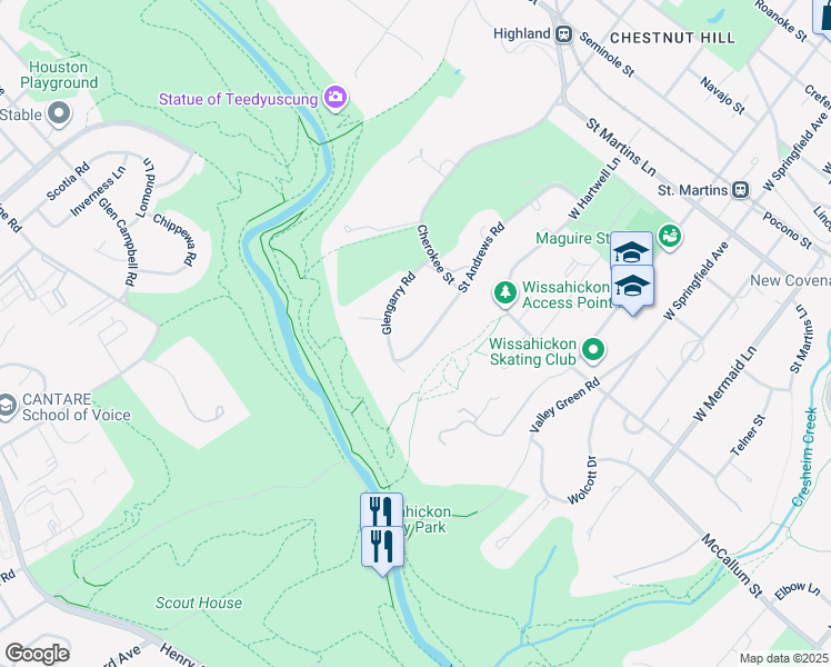 map of restaurants, bars, coffee shops, grocery stores, and more near 717 Saint Andrews Road in Philadelphia