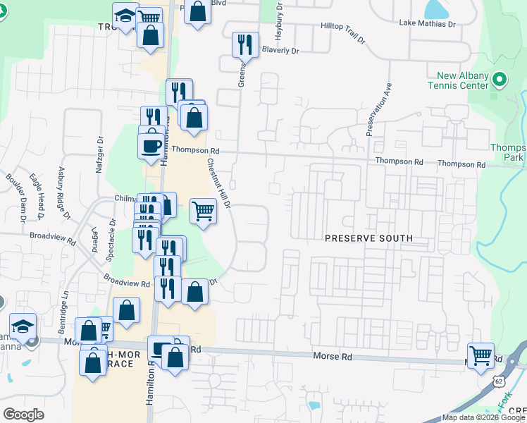 map of restaurants, bars, coffee shops, grocery stores, and more near 4118 Pathfield Drive in Columbus