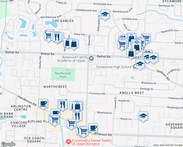 map of restaurants, bars, coffee shops, grocery stores, and more near 5125 Delancey Street in Columbus