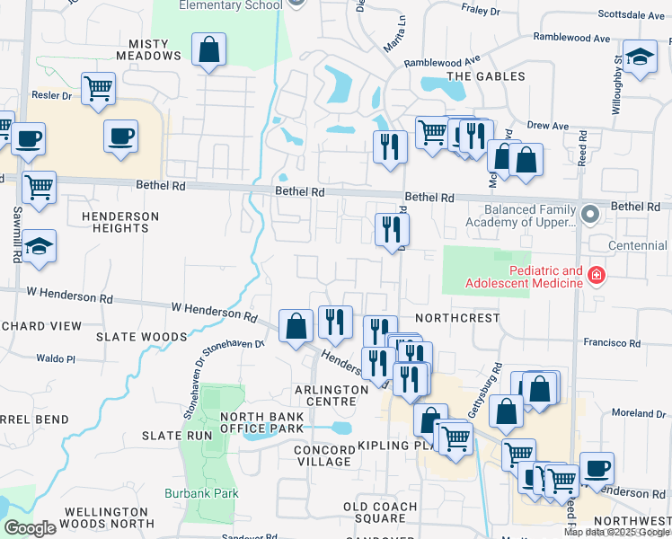 map of restaurants, bars, coffee shops, grocery stores, and more near 2228 Burgoyne Court in Columbus