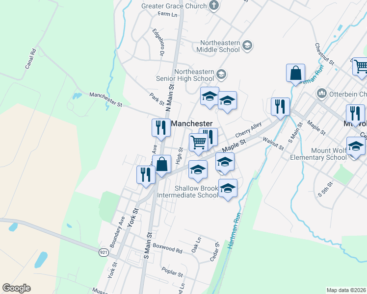 map of restaurants, bars, coffee shops, grocery stores, and more near 118 High Street in Manchester