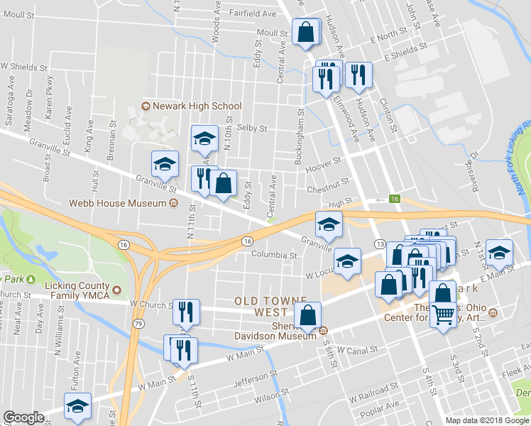 map of restaurants, bars, coffee shops, grocery stores, and more near 191 Central Avenue in Newark