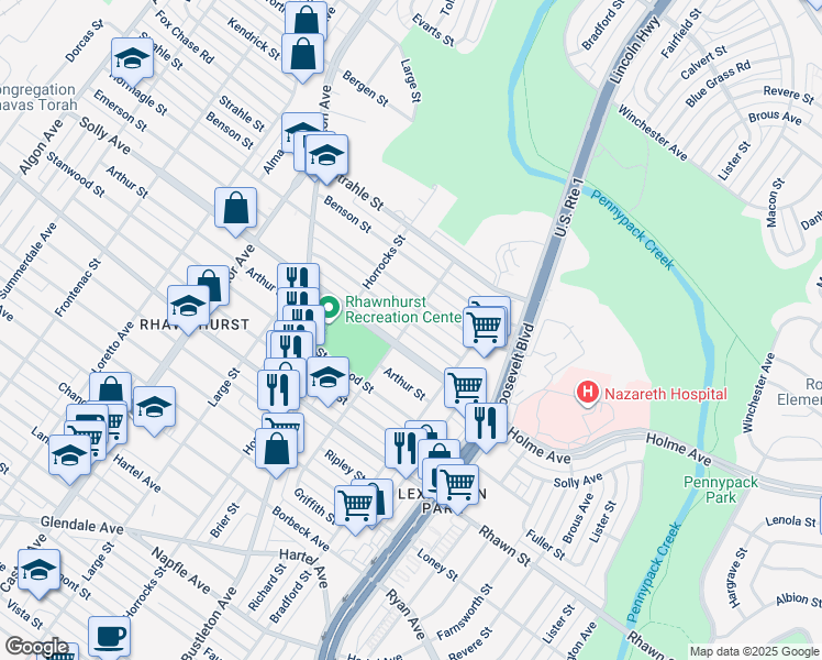 map of restaurants, bars, coffee shops, grocery stores, and more near 2300 Emerson Street in Philadelphia