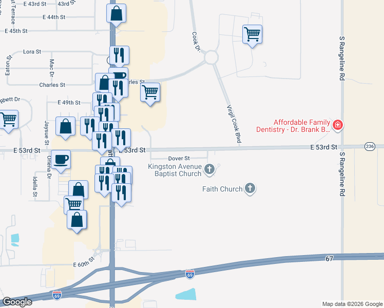 map of restaurants, bars, coffee shops, grocery stores, and more near 2326 East 53rd Street in Anderson