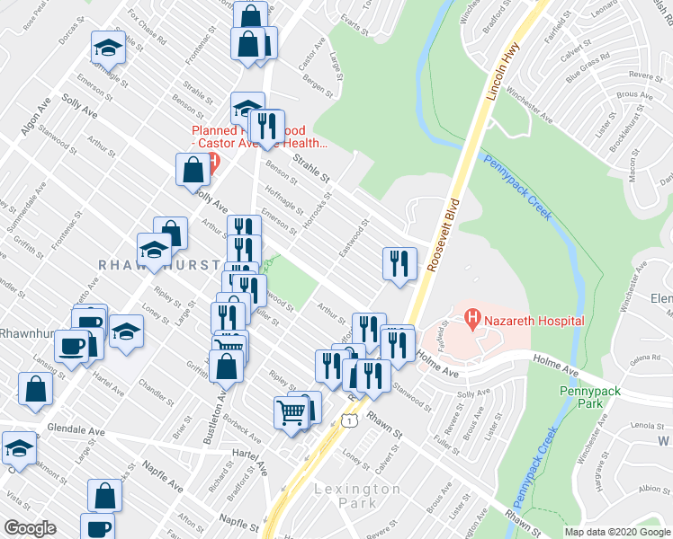 map of restaurants, bars, coffee shops, grocery stores, and more near 2300 Emerson Street in Philadelphia