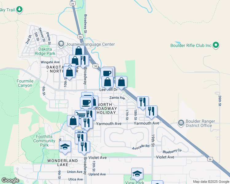 map of restaurants, bars, coffee shops, grocery stores, and more near 1530 Lee Hill Drive in Boulder