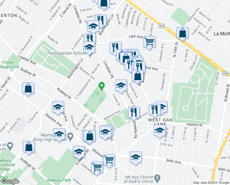 map of restaurants, bars, coffee shops, grocery stores, and more near 7131 Louise Road in Philadelphia