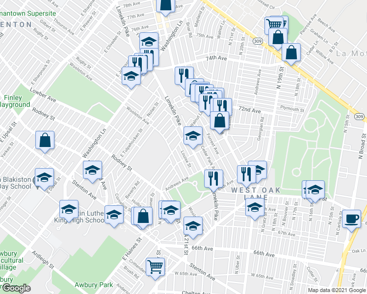 map of restaurants, bars, coffee shops, grocery stores, and more near 7131 Louise Road in Philadelphia