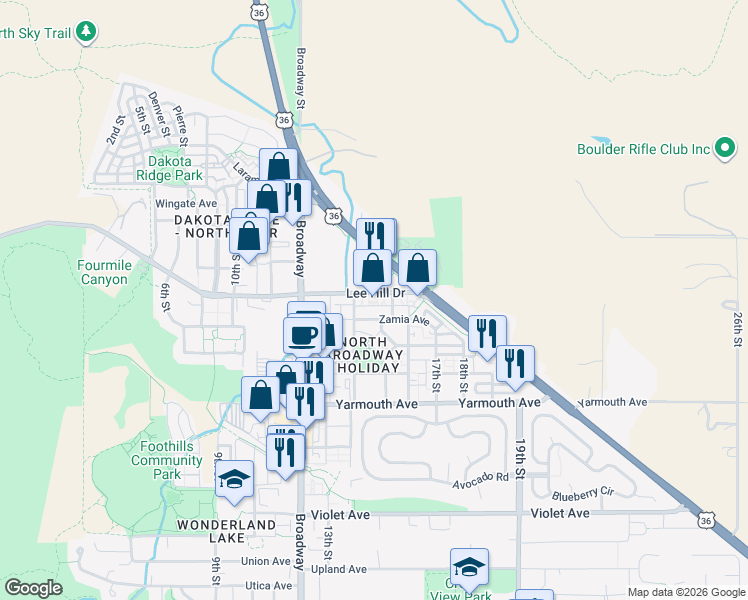 map of restaurants, bars, coffee shops, grocery stores, and more near 1441 Lee Hill Drive in Boulder
