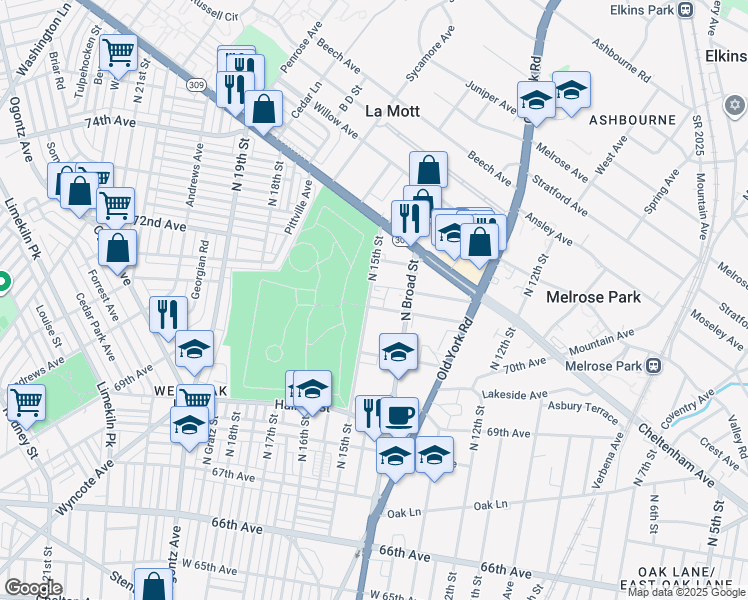 map of restaurants, bars, coffee shops, grocery stores, and more near 7112-18 North Broad Street in Philadelphia